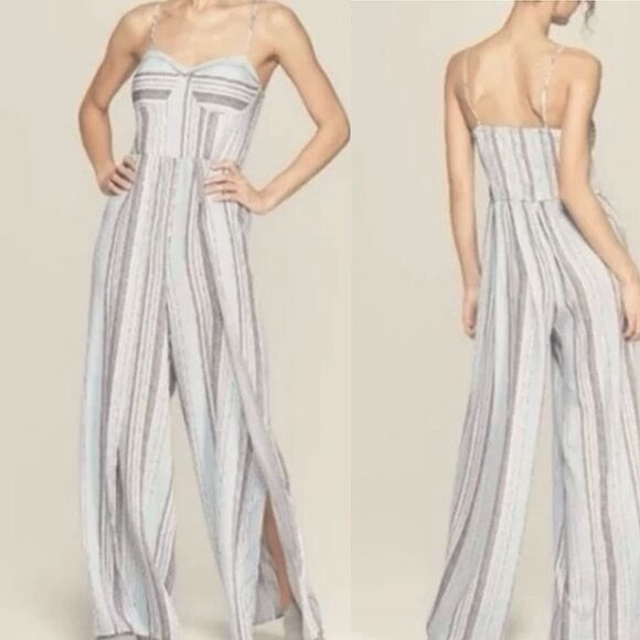 Xhilaration blue vertical stripe split leg jumpsuit corset smocked top suit S - Picture 1 of 14